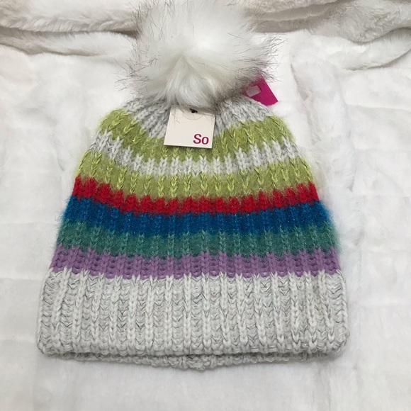 SO Accessories - $24 SO Pom Multicolor Striped Fall Beanie